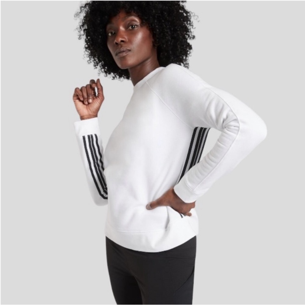 Athleta 24/7 white w/ black stripes crew neck sweatshirt